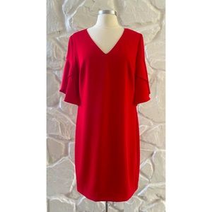 Trina Turk Red Flare Shoulder Ruffle Sleeve Formal Midi Dress